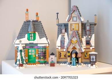 Calgary, Alberta - December 26, 2021: Hogsmeade Village (Harry Potter) lego set.