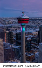 Calgary, Alberta - January 19, 2020: View of the Calgary Tower at sunset on a cold winter evening 