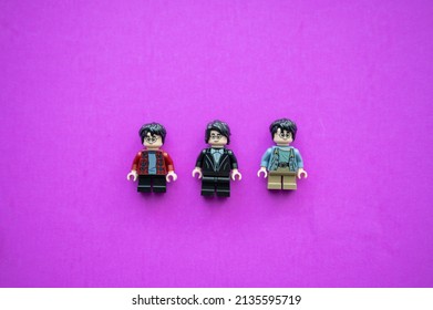 Calgary, Alberta - March 14, 2022: Harry Potter Lego Figures On Purple Background.