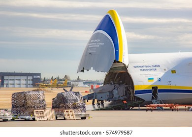 Calgary, Alberta - November 9, 2016. An RAF Lynx Wildcat Helicopter Is Loaded Onto An Antonov AN-124 Aircraft For Transport