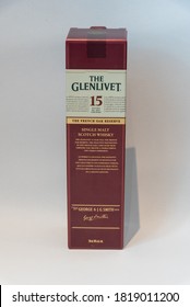 Calgary, Alberta - September 14, 2020:  The Glenlivet 15 years old single malt whisky presentation box on a white background.