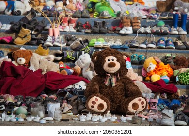 Calgary, Alberta - September 30, 2021: Toys Left In Memorial Of Indigenous Children And Survivors Of The Residential Schools In Front Of Municipal Building On National Day For Truth And Reconciliation