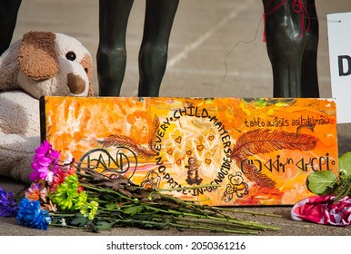 Calgary, Alberta - September 30, 2021: Banner Left In Memorial Of Indigenous Children And Survivors Of The Residential Schools On National Day For Truth And Reconciliation