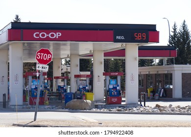 Calgary, Canada - April 19,2020: View Of COOP Gas Station With Extremely Low Price For Gas. Cheap Gas Prices And Fuel Savings