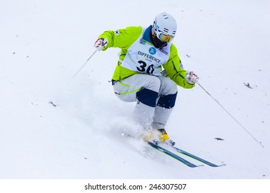 CALGARY CANADA JAN 3 2015. FIS Freestyle Ski World Cup, Winsport, Calgary Mr. Ji-huon Kim  From Korea  At The Mogul Free Style World Cup On Race Day. 