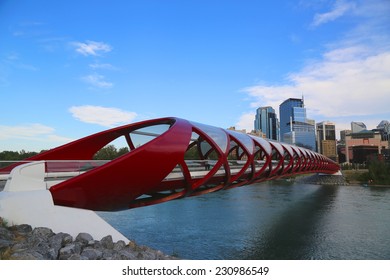 CALGARY, CANADA - JULY 29: The Peace Bridge on July 29, 2014 in Calgary, Alberta, Canada. The pedestrian bridge spans the Bow River and was designed by Santiago Calatrava
