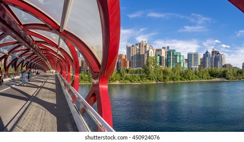 CALGARY, CANADA - JULY 8: Inside the Peace Bridge which spans the Bow River on July 8, 2016 in Calgary, Alberta. The Peace Bridge was designed by celebrity architect Santiago Calatrava.