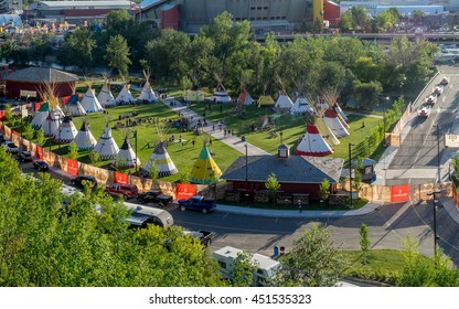 CALGARY, CANADA - JULY 8: Panoramic View Of The Indian Village At The Calgary Stampede On July 8, 2016 In Calgary, Alberta. The Indian Village Represents First Nations People At The Calgary Stampede.