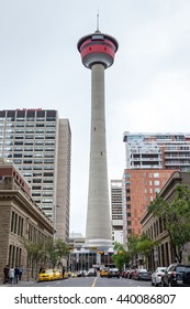 CALGARY, CANADA - June 14: The Calgary Tower stands aloof in downtown Calgary June 14, 2016. Built in 1968, the iconic 627 feet tall observation tower was originally called the Husky Tower.