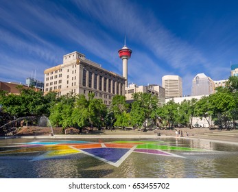 CALGARY, CANADA - JUNE 3: Special installation Canada painting celebrating Canada's 150 birthday on June 3, 2017 in Calgary, Alberta. The colourful maple leaf symbol is located at Olympic Plaza..