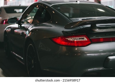 CALGARY, CANADA - Mar 30, 2022: Porsche Sports Car Tail Lights Spoiler And Back End