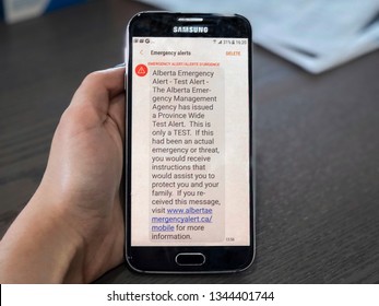 Calgary, Canada - March 19, 2019: Emergency/Amber Alert Warning Test On The Cellphone