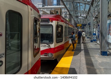 Calgary, Canada - May 26, 2019: C-Train In Downtown Calgary, Alberta. The C-train Is Calgary's Main Light Rail Transit Vehicle And Moves Over 300,000 People A Day