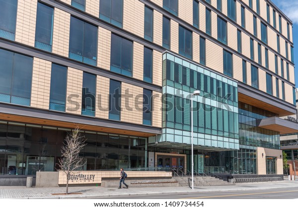 Calgary, Canada - May 26,\
2019: Exterior facade of Bow Valley College in Calgary Alberta. \
Bow Valley is a major vocational college in the City and is located\
downtown.
