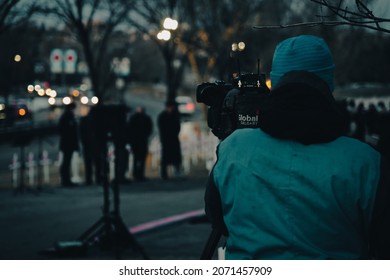 CALGARY, CANADA - Nov 02, 2021: Global News Camera Man Records The Memorial Program At The Field Of Crosses