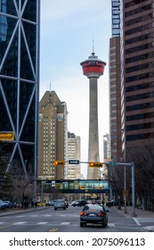 CALGARY, CANADA - NOV. 13, 2021: Busy downtown Calgary business district with the iconic Calgary Tower in between office buildings on Centre Street. 