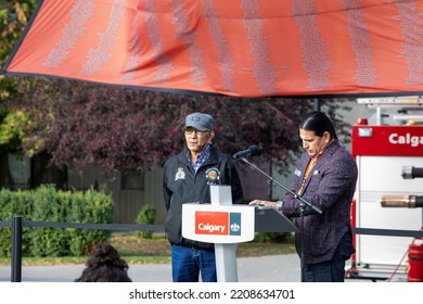 Calgary, Canada - September 30 2022: Orange Shirt Day Ceremony. On The National Day For Truth And Reconciliation. On The Picture Clement Leather And Harold Horsfall