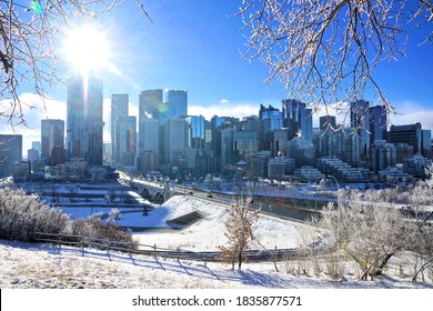 Calgary City Skyline View Over The Centre Street Bridge During A Snowy Winter Day