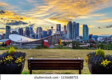 Calgary City. Sunset Downtown. Calgary Saddledome Sunset. 