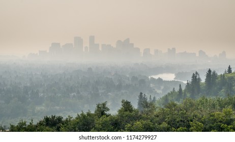 Calgary downtown covered by wildfire smoke, Alberta, Canada