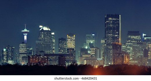 Calgary downtown panorama at night in Alberta, Canada.