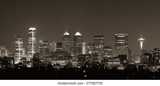Calgary skyline in Alberta at night, Canada.