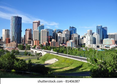 Calgary skyline with Bow River in foreground.