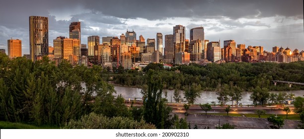 Calgary skyline at night with Bow River