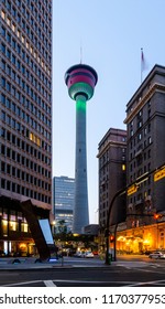 Calgary Tower on 9th Avenue in Downtown Calgary, Alberta, Canada on an evening in July 2018
