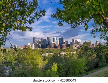 Calgary's skyline with the Bow River valley and city in the foreground.