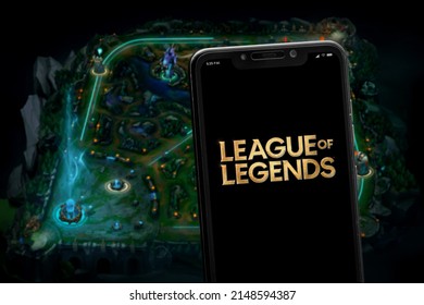 Cali, Colombia - April 20 2022: "League of Legends" game logo on the smartphone screen. League of Legends is a team-based game with over 140 champions to make epic plays with.