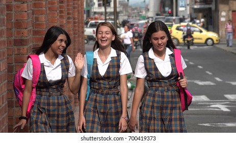 CALI, COLOMBIA FEBRUARY 1 2016: Happy Prep School Teen Girls On February 1 2016 In Cali, Colombia