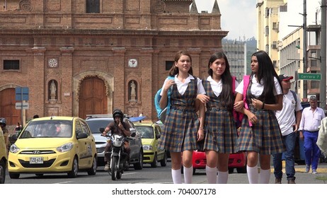 CALI, COLOMBIA FEBRUARY 1 2016: Female Catholic School Students Walking On February 1 2016 In Cali, Colombia