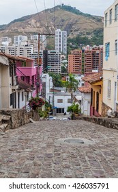 CALI, COLOMBIA - SEPTEMBER 9, 2015: Cobbled Street In San Antonio Neighborhood Of Cali.