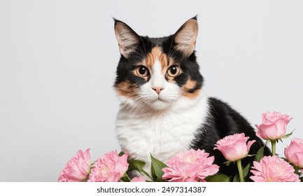 Calico cat with pink roses - Powered by Shutterstock