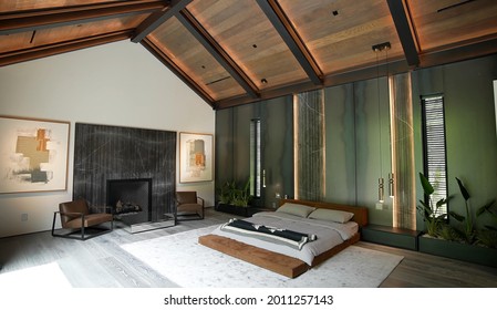 California, 19 July 2021: Luxurious Bright Bedroom With Comfortable King Size Bed And Modern Furniture. Template For Expensive Residential Mansion. Concept For Interior, Architecture And Lifestyle.