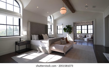 California, 2 October 2021: Luxurious Bright Bedroom With Comfortable King Size Bed And Modern Furniture. Template For Expensive Residential Mansion. Concept For Interior, Architecture And Lifestyle