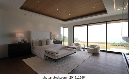 California, 20 September 2021: Luxurious Bright Bedroom With Comfortable King Size Bed And Modern Furniture. Template For Expensive Residential Mansion. Concept For Interior Architecture And Lifestyle