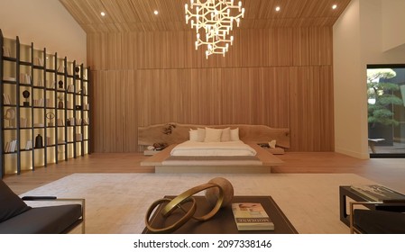 California, 26 December 2021: Luxurious Bright Bedroom With Comfortable King Size Bed And Modern Furniture. Template For Expensive Residential Mansion. Concept For Interior, Architecture And Lifestyle