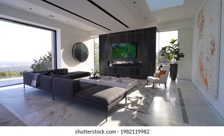 California, 29 May 2021: Spacious Big Living Room Of Luxurious Estate With Wooden Elements. Modern Mansion Interior With With A New Stylish Furniture Design Concept For Residential Home.