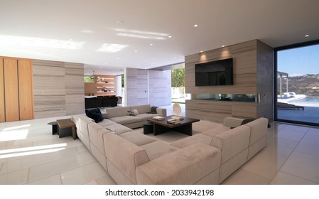 California, 30 August 2021: Spacious Big Living Room Of Luxurious Estate With Wooden Elements. Modern Mansion Interior With With A New Stylish Furniture Design Concept For Residential Home.