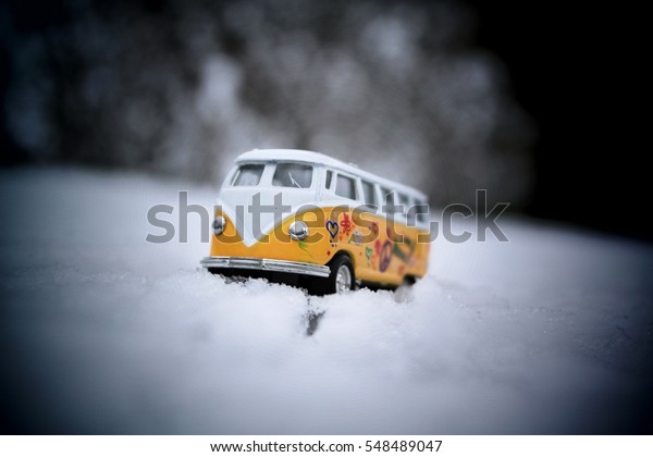 California Dreaming\
- Toy Hippie Bus in the\
Snow