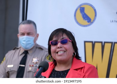 California Labor Commissioner Lilia Garcia-Brower Speaks After LA County Sheriff Alex Villanueva Announcing The Formation Of A Task Force To Help Victims Of Wage Theft, Feb. 9, 2021 In Los Angeles.