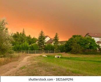 California, Oregon, Colorado Wildfire Orange Smokey Sky Approaching Neighborhood Homes