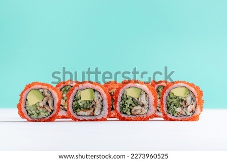 California and Philadelphia Sushi Rolls A Colorful and Delicious Array: California and Philadelphia Sushi Rolls Stockfoto © 