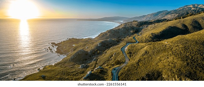 California Raodtrip. Highway 1 Aerial panorama at sunset. Muir Woods, San Francisco - Powered by Shutterstock