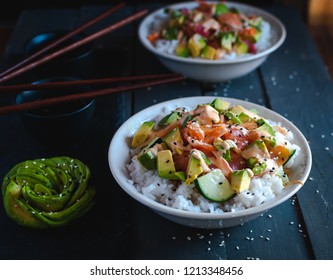 California Roll Sushi Bowls On Dark Background 