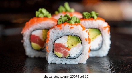 California Roll: A Western invention, this maki roll typically includes imitation crab, avocado, and cucumber, often rolled inside-out with rice on the outside. - Powered by Shutterstock