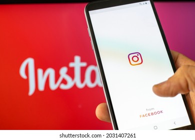 California, United States. Aug 08, 2021. Phone Showing Instagram App On The Screen. Instagram Is A Photo And Video Sharing Social Media Desktop Background. Marketing Management.