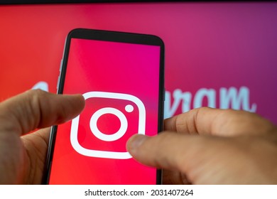 California, United States. Aug 08, 2021. Phone Showing Instagram App On The Screen. Instagram Is A Photo And Video Sharing Social Media Desktop Background. Marketing Management.